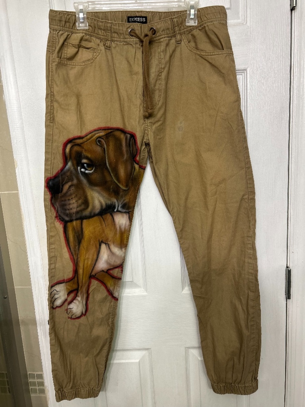 Graphic Sz L Unisex Brown Jogger Pants Custom Art Hand Paint Boxer Dog Y2K Pants